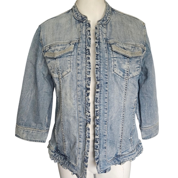 Chico's Platinum Women Size 1 (Medium) Denim Jean Jacket Studded 3/4 Sleeve - Picture 1 of 12